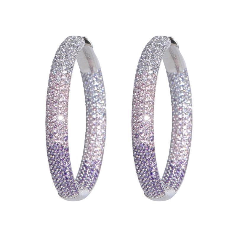 Glittering Large Purple Rhinestone Hoop Earrings